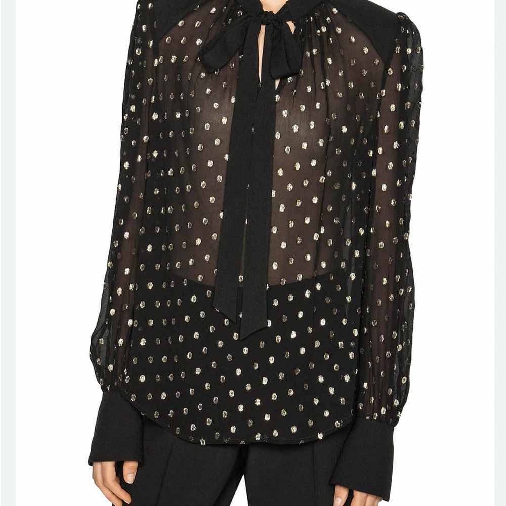 NWT by Cue Elegant Tie Black and Metallic Gold Sheer Women's Top Blouse Shirt